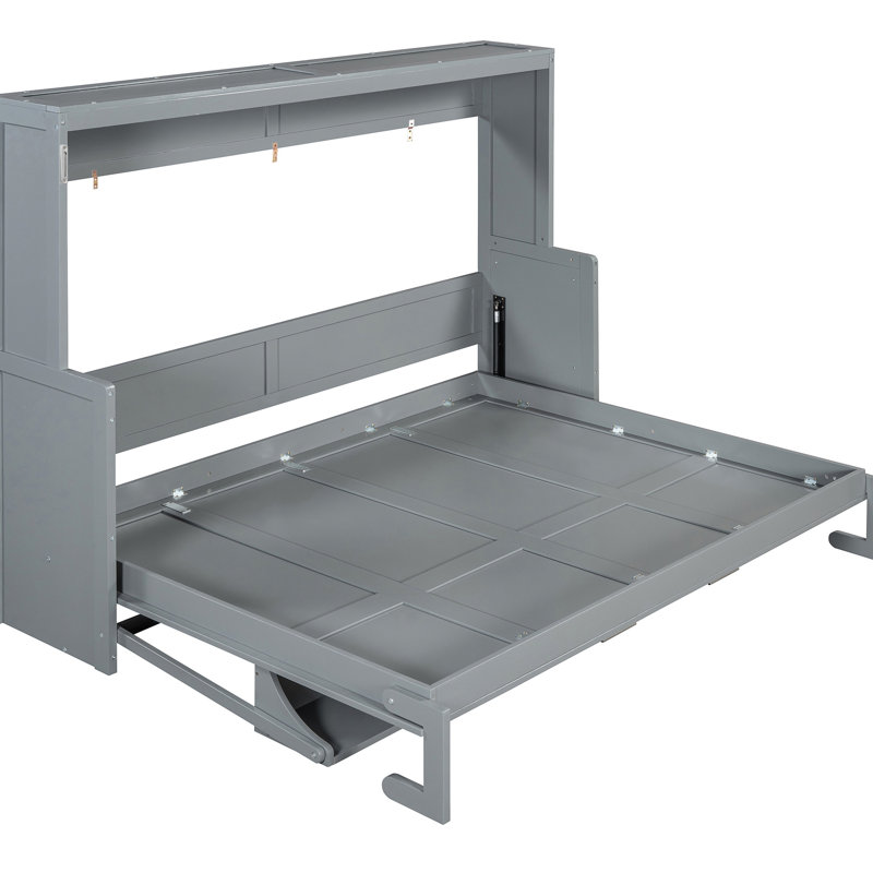 Grand lit mural gris avec système de levage et de bureau hydraulique, peu encombrant pour les zones multifonctionnelles, supporte 600 lb, espace de rangement pour matelas, taille et pièces idéales de 10 pouces, cadre, rangement intégré,