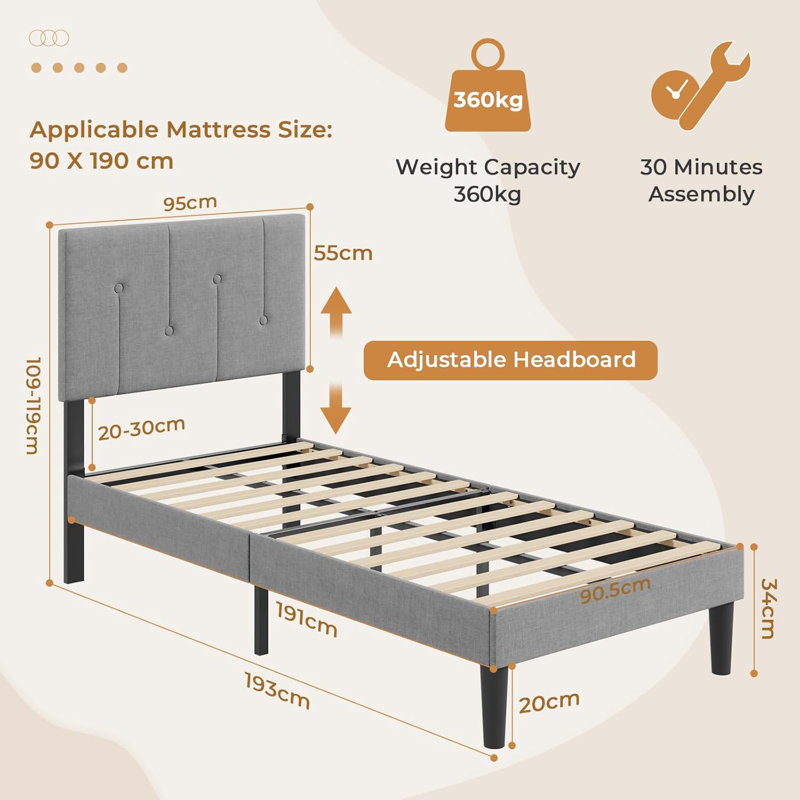 Bed Frame with Adjustable Linen Headboard, Solid Wooden Slats & Upholstered Platform, Easy Assembly, Single (3'), Light Grey