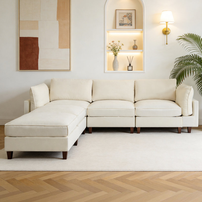 Canapé modulaire en tissu 3 pièces avec 2 repose-pieds, Tissu beige, 38.1" H x 126.3" W x 37.4" D