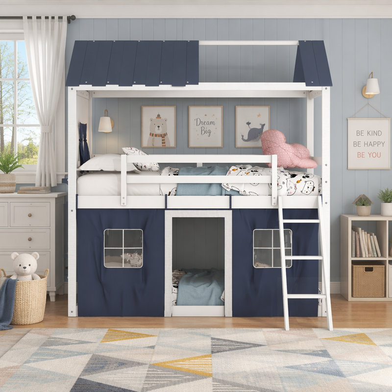 Lit superposé en bois avec fenêtres, rebords et tente élégants, idéal pour un sommeil amusant et confortable, Lit simple
