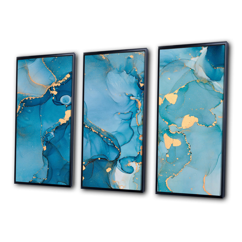 "Blue and Gold Luxury Abstract Fluid Art II", 3 pièces, cadre flottant, impression sur toile, L 36 po x H 28 po, Cadre noir
