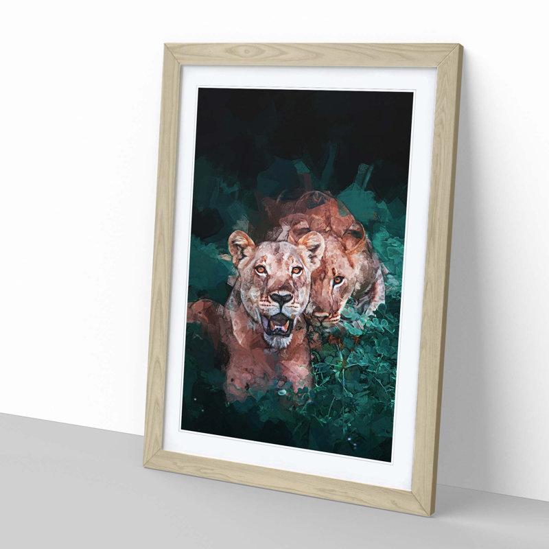 Lioness Duo in Abstract - Picture Frame Graphic Art Print, 76cm H x 50cm W x 2cm D, Oak