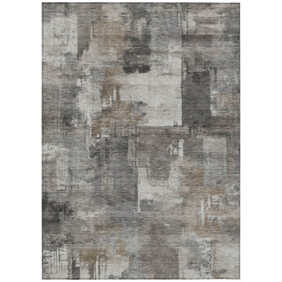 5' X 8' Pewter Khaki And Charcoal Abstract Washable Indoor Outdoor Area Rug