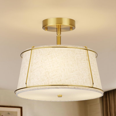 Plafonnier semi-encastré de 13 po, luminaire doré à 3 lumières avec abat-jour tambour en lin, plafonnier moderne près de la salle à manger, couloir de cuisine (réglable)