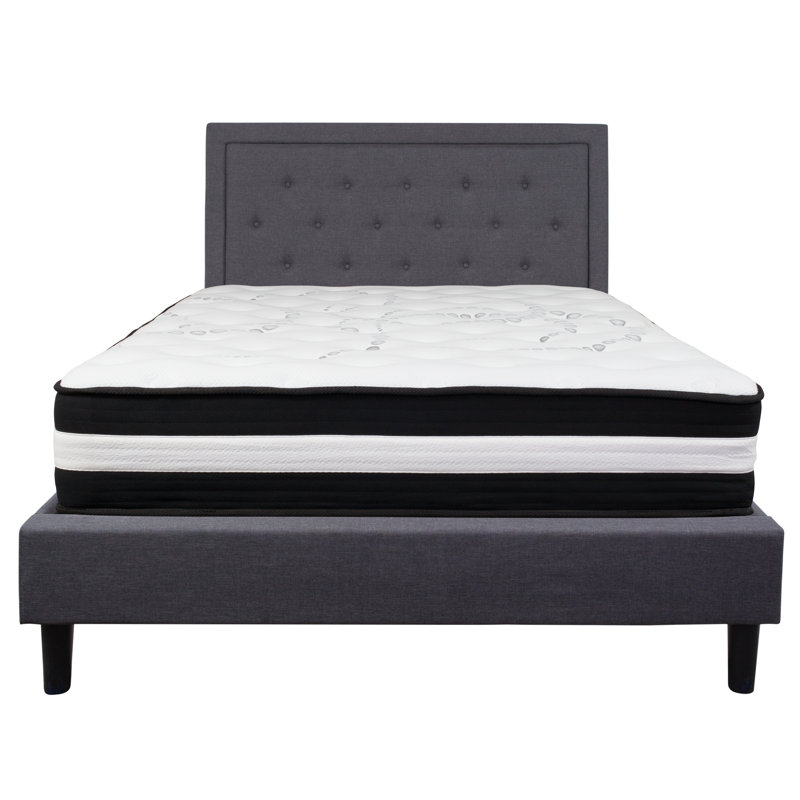 Aluino Panel Tufted Platform Bed and Memory Foam Pocket Spring Mattress, Queen, Dark Gray