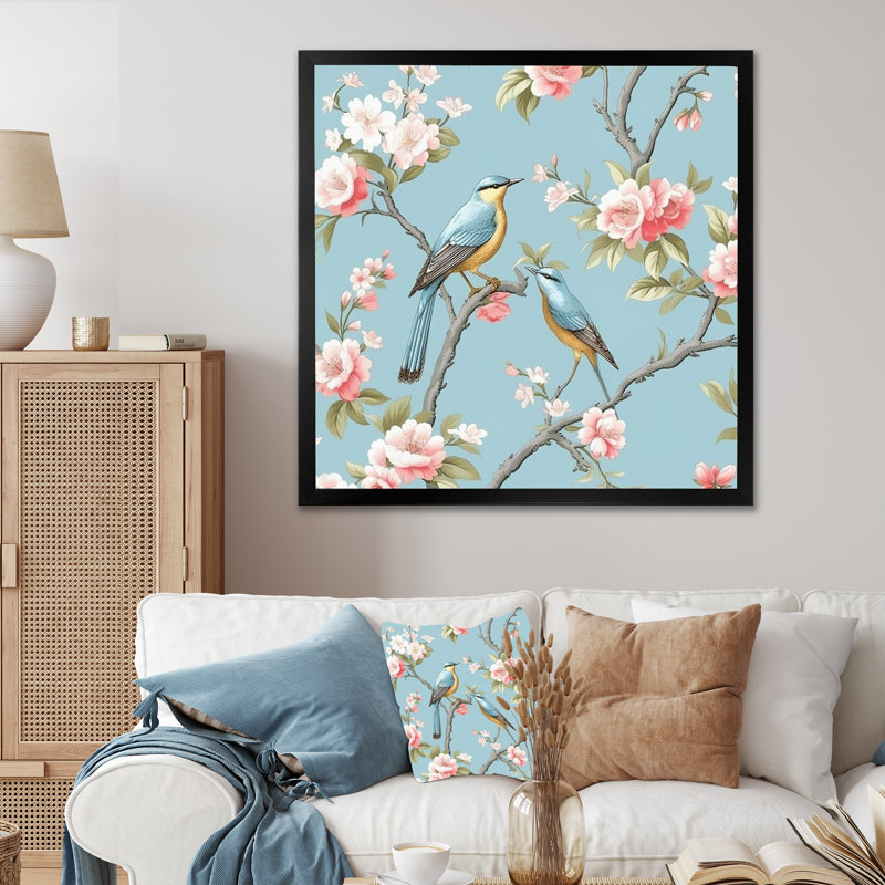 Chinoiserie avec oiseaux et pivoines - impression, H 36 po x l 36 po x P 1,5 po, Cadre simple noir