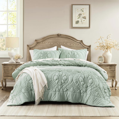Couette King Size, Sauge, 3 pièces, Motif floral élégant, Texture moelleuse, Tricot, Douceur et confort absolus, Sûreté, Lavable, Design romantique, Douceur, Respirabilité, Facile d'entretien
