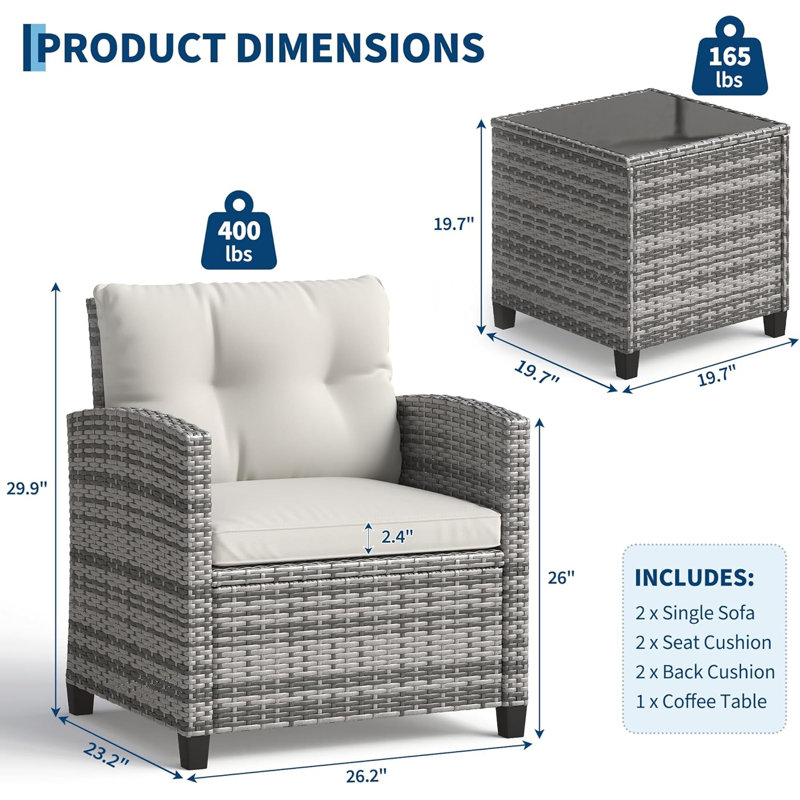 3-Piece Outdoor Patio Furniture Set, PE Rattan Wicker Frame with Tempered Glass Side Table, Conversation Chairs with Removable Cushions, Balcony Porch Garden Seating