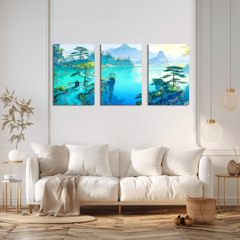 Tableau aquarelle de paysage chinois sur toile tendue (lot de 3), H 18 po x l 36 po