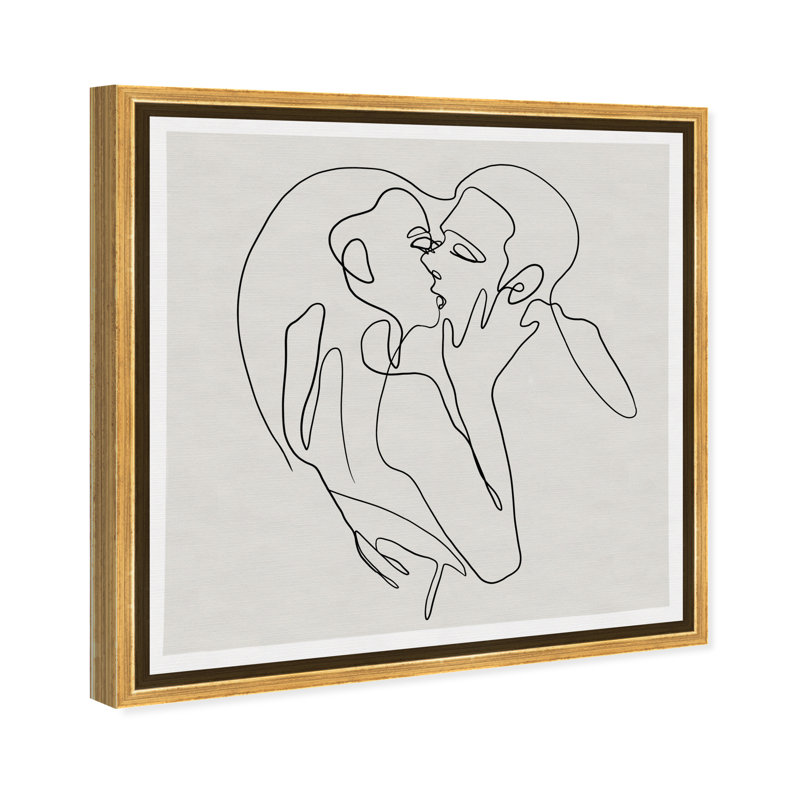 People and Portraits Contour Kiss Couples - Peinture sur toile, Cadre flottant doré, H 30 po x l 30 po