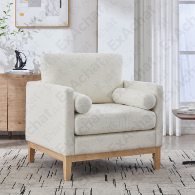 35.4 "Wide Modern Farmhouse Performance Accent Chair with Natural Wood Legs, Wood Base Reading Armchair Single Sofa with Two Bolster Pillows for Living Room offices and Lounge, Ivory Boucle.