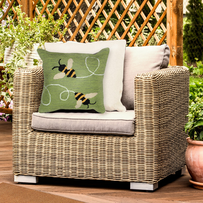 Green Hand Hooked Square Indoor/Outdoor Pillow with Bees