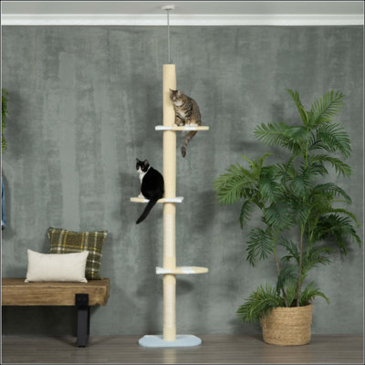 4-Tier Tall Cat Tower, Floor To Ceiling Cat Tree, Height Adjustable With Plush Platforms, Sisal Scratching Posts, Toy Ball For Indoor Cats