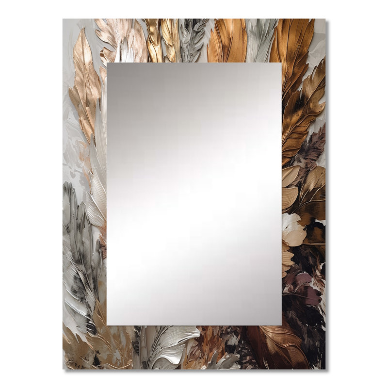 Gold Feather Extravaganza IV - Glam Feather Mirror, Gold Unique Wall Mirror, Printed Metal Art, 32" x 24"