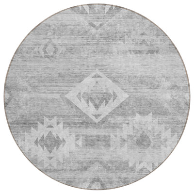 8' Silver Gray And Charcoal Round Southwestern Washable Indoor Outdoor Area Rug