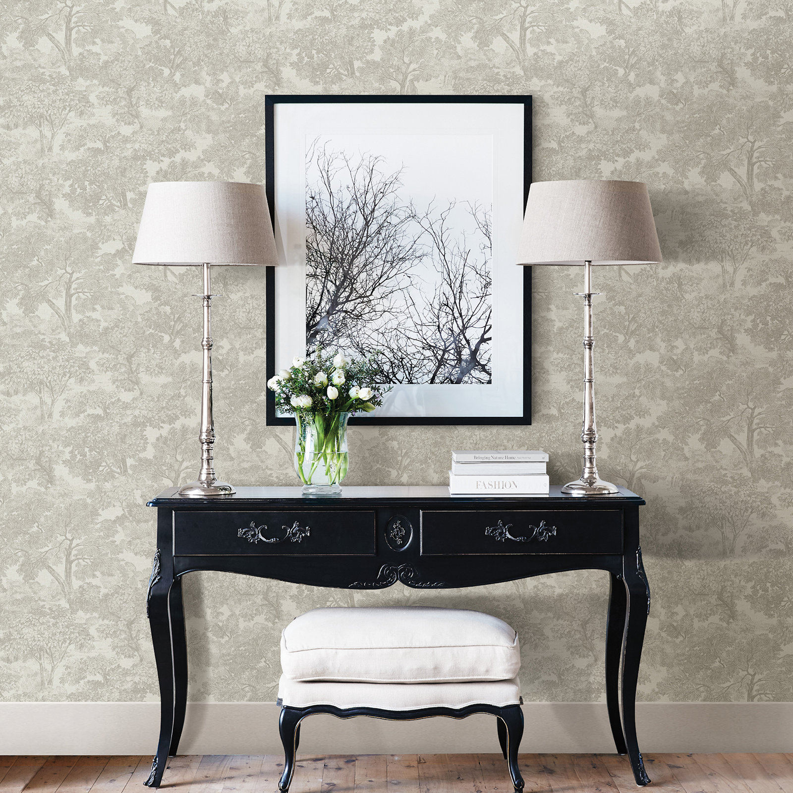 Otera Toile 33' x 20.5" Wallpaper Roll, Gray