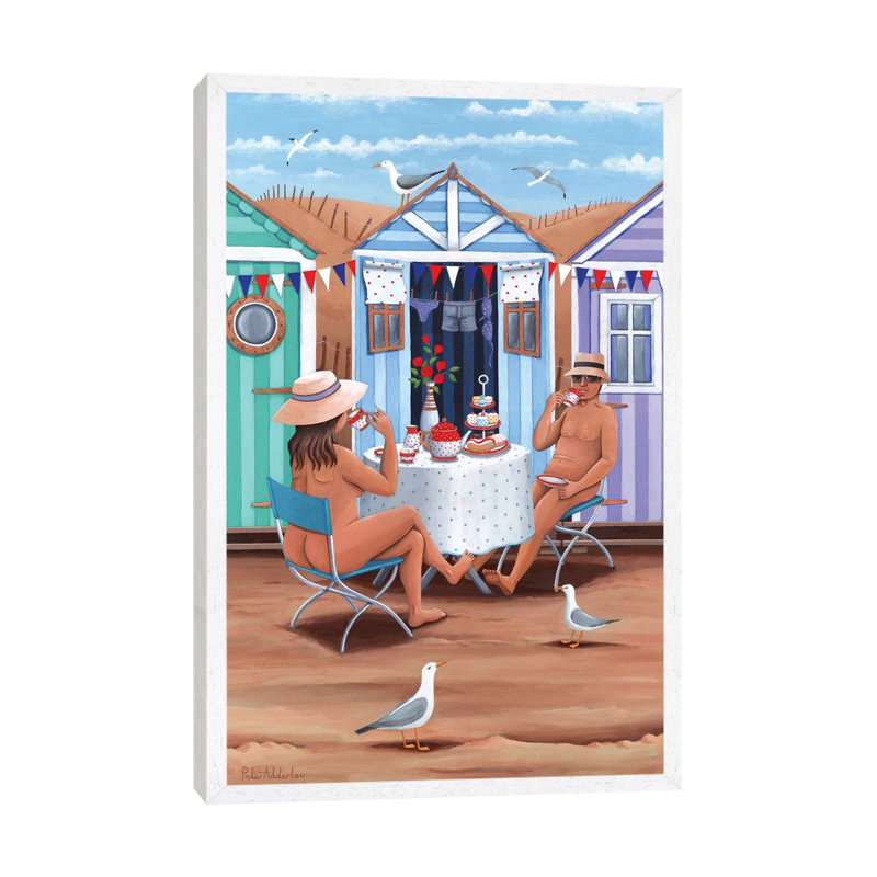 Beach Huts Afternoon Teas by Peter Adderley - Print on Canvas, White Framed, 66.04 cm H x 45.72 cm W