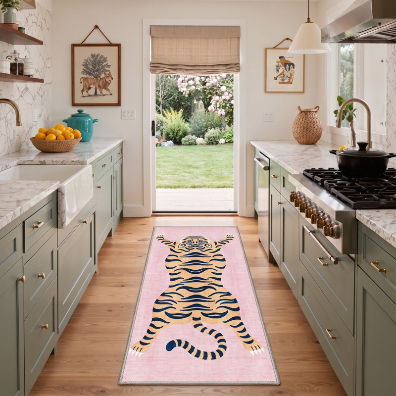 Tapis de couloir Tayviona lavable à la machine rose / orange avec envers antidérapant, Tapis de couloir 2 pi 6 po x 8 pi
