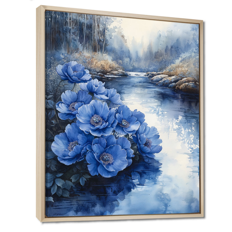 Bleuet sur fond bleu - Pivoines, H 20 po x l 12 po, Reproduction avec cadre flottant, Crème, crème