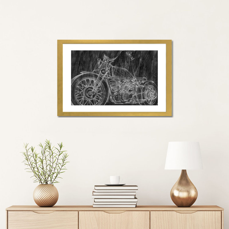 « Moto Mechanical sketch II » par Ethan Harper, reproduction d’art, H 16 po x l 24 po x P 1 po, Papier encadré doré, Blanc