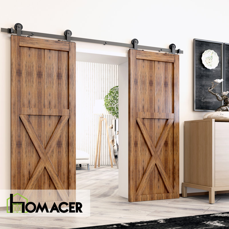 T-Shape Design Top Mount Black Rustic Standard Single Track Two Door Barn Door Hardware Kit (Door Not Included), 168 in.
