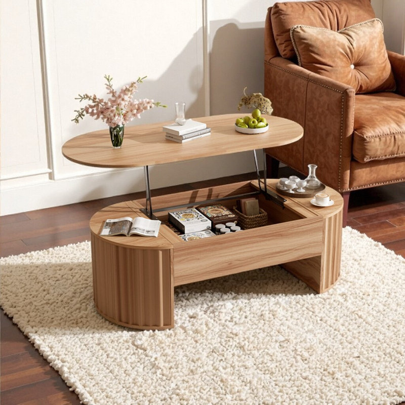 Coffee Table With Hydraulic Lift Mechanism, Hidden Compartment And Wavy Grooves Design, Light Brown