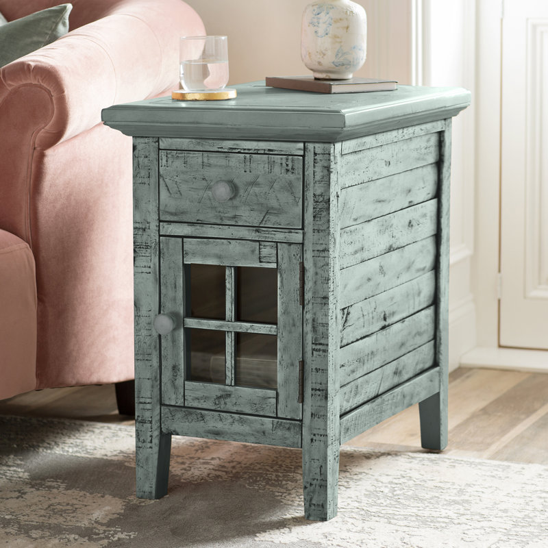 Table de bout en bois massif Knorr avec rangement et prises intégrées, Côté vague