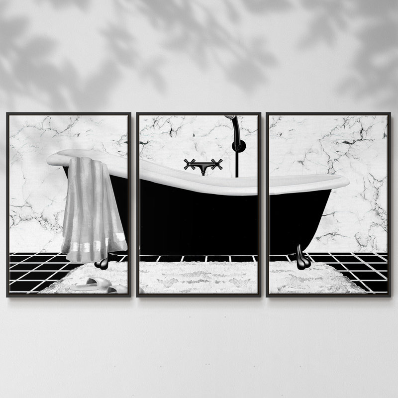 Modern Bath I - 3 pièces, reproduction encadrée sur toile, H 40 po x l 78 po x P 2 po, Noir