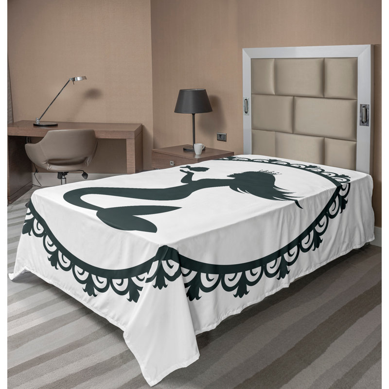 Dessus de drap plat sirène Ambesonne blanc rétro et poisson blanc, Simple