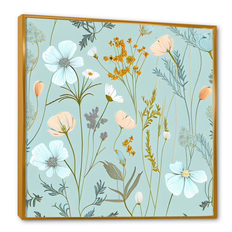 «Blossoming Pastel Wildflowers on Light Blue II», reproduction sur toile, L 16 po x H 16 po, Toile avec cadre flottant or