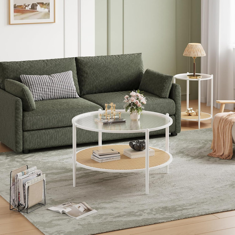 Table basse 30 po, table de bout ronde à 2 niveaux avec rangement, tables centrales rondes en verre Water-Wave, Blanc