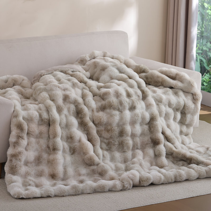 Soft Faux Rabbit Fur Throw Blanket, Bubble Texture Machine Washable Blanket for Dorm Room, Twin, TiedyeBrown
