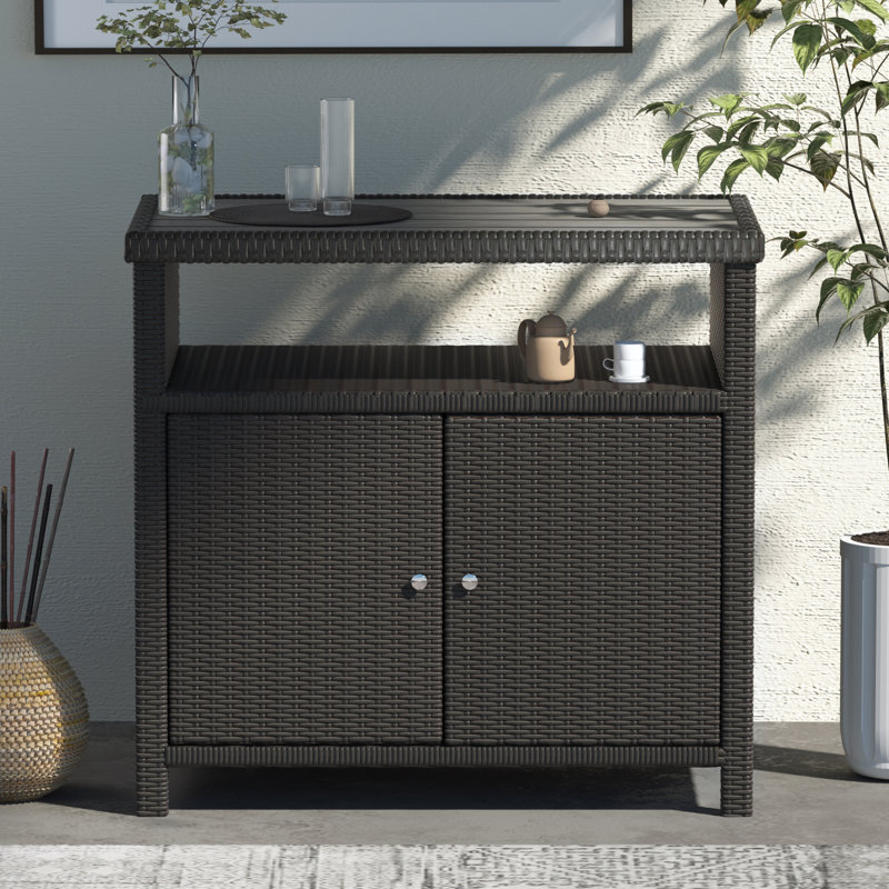 Table de buffet d'extérieur avec rangement en métal et osier Caetlin l 35,8 po x P 21,1 po, Marron foncé
