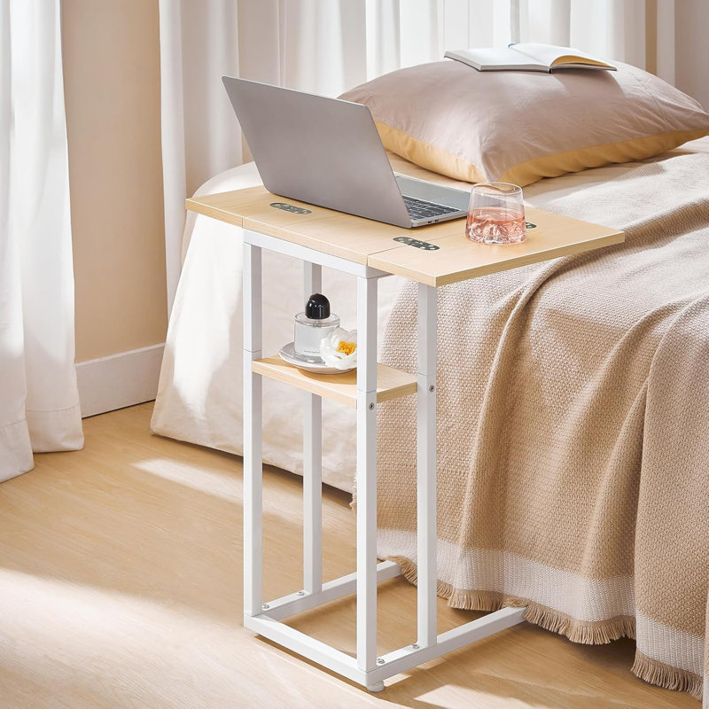Foldable End Table C Shaped Side Table with Storage Shelf, Natural/White