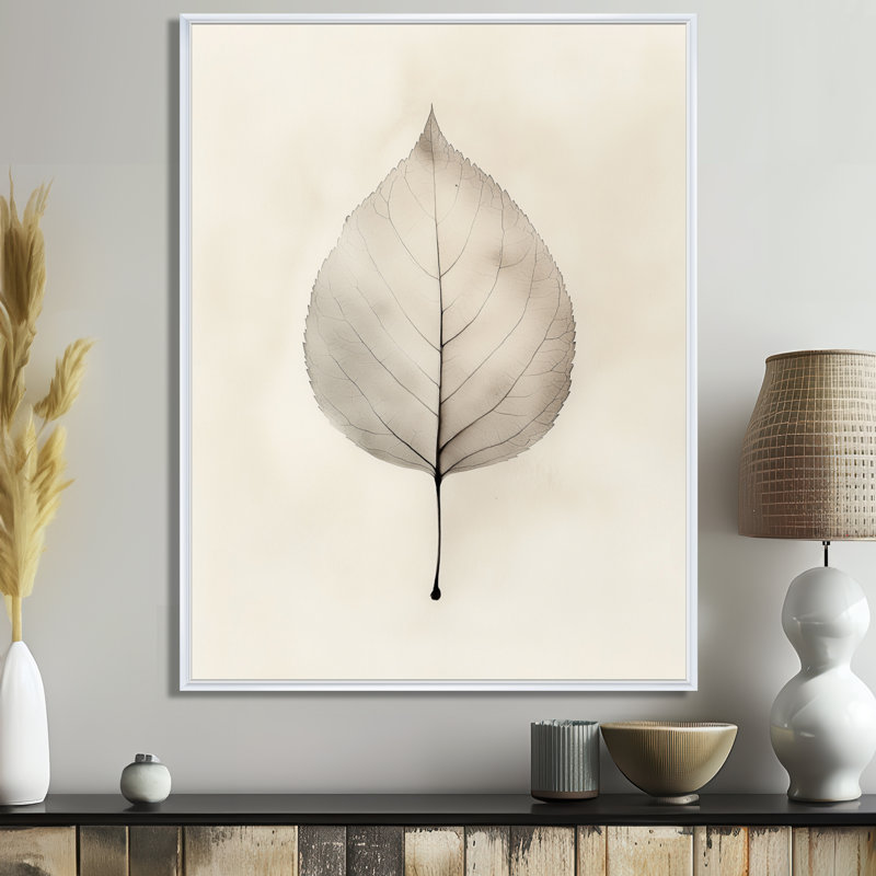 Toile botanique neutre, feuille, art mural Shadow, H 20 po x l 12 po, Cadre flottant blanc