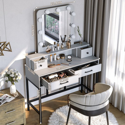 Vanity Desk with Mirror and Lights, Makeup Vanity Desk with 3 Color Dimmable Lighted Hollywood Mirror, Brown Makeup Table with 4 Drawers, Large Dressi