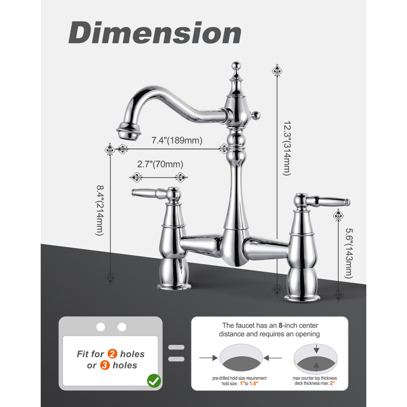 Bridge Centerset Kitchen Faucet for Sink, 2 Hole Brass Kitchen Sink Faucet, Polished Chrome