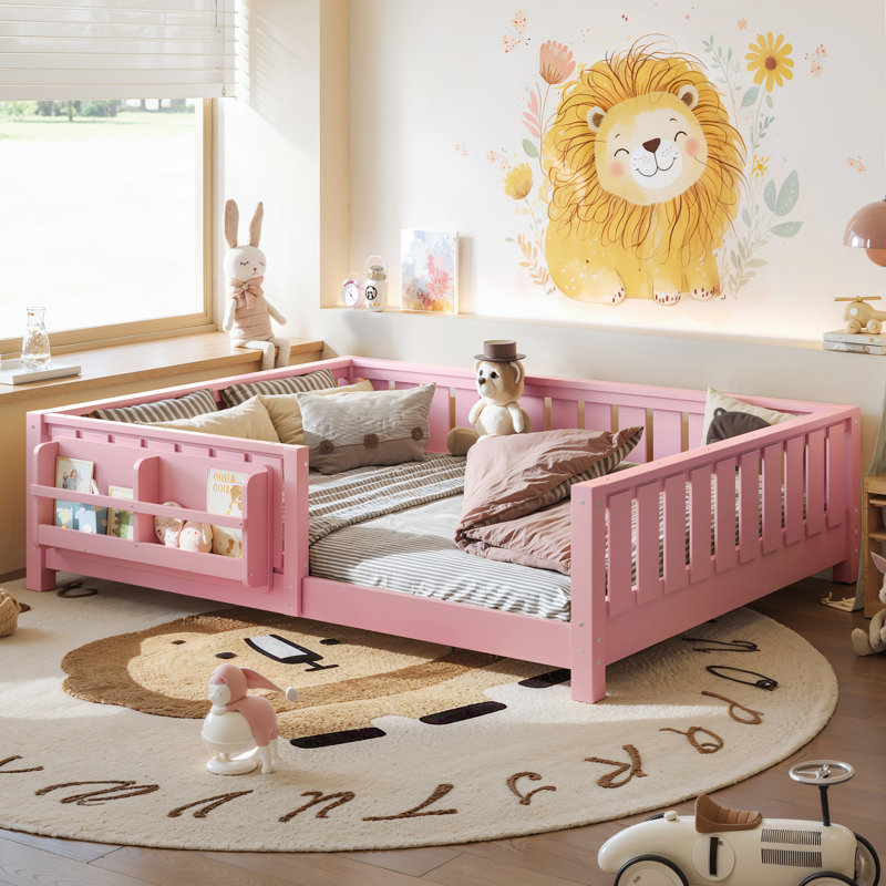 Lit double pour enfant avec bibliothèque intégrée et garde-corps de sécurité, cadre de lit Montessori en bois de pin massif, rose