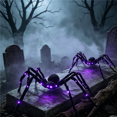 2Pcs 6.6FT Giant Light-Up Halloween Spider - Realistic Hairy LED Spider with Purple & Red Eyes for Outdoor/Indoor Haunted House & Yard Decor,3PCS AA Battery Is Not Included