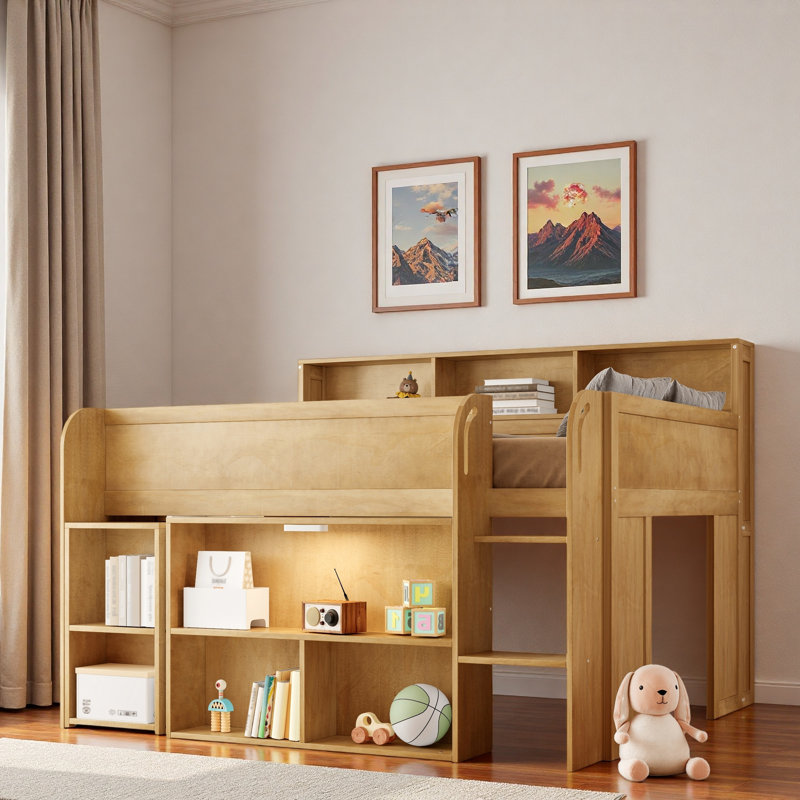 Lit mezzanine avec plusieurs tablettes de rangement, bureau et DEL, Noyer