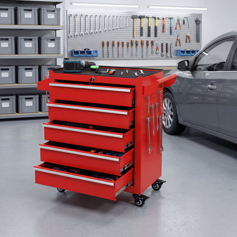  Armoire à outils 5 tiroirs avec rangement verrouillable et roulettes, Rouge