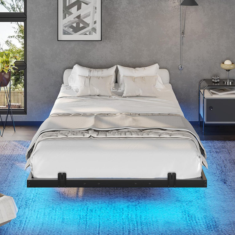 Floating Bed Frame With Led Lights For Kids Bedroom,Metal Platform Bed Frame With 4 Mattress Slide Stopper,No Box Spring Needed,Black