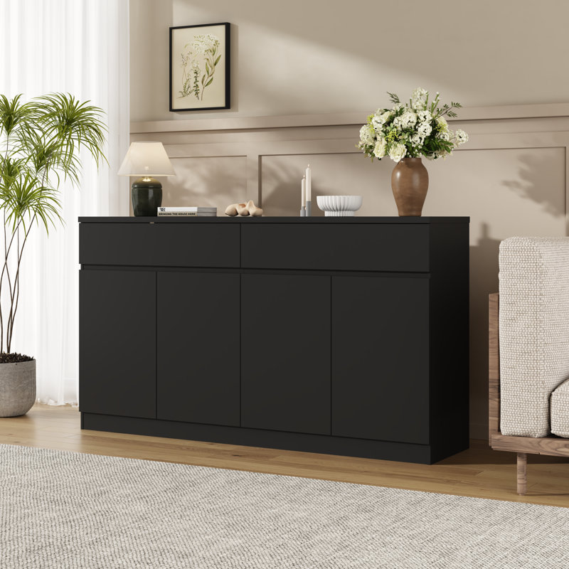 Spacious Wooden Sideboard Buffet, Black Modern Storage Cabinet For Kitchen Dining