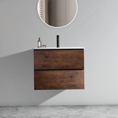 Meuble-lavabo mural en noyer de 24 po avec lavabo en céramique avec un trou de robinet, grand meuble-lavabo flottant de rangement pour salle de bain moderne, lavabo une pièce sans drain et robinet, pré-assemblé