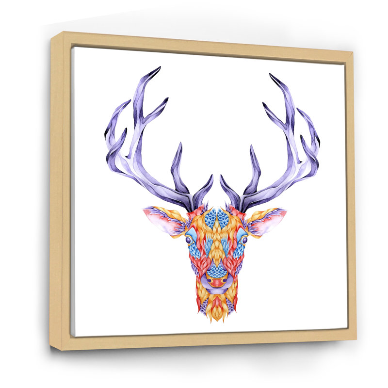 Tête de cerf multicolore, H 30 po x l 30 po x P 1 po, Toile avec cadre flottant beige