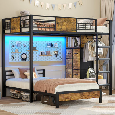 Lit superposé double au-dessus de simple avec 8 tiroirs de rangement, lit mezzanine en métal avec lumières à DEL et tablettes de rangement,