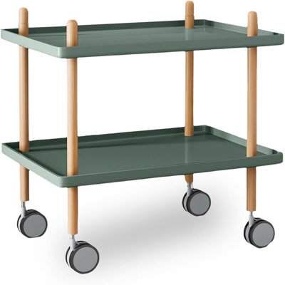 2-Tier Side Table Storage Shelf Modern Wood Nightstand End Table With Wheels Utility Rolling Cart For Living Room Bedroom Home Office