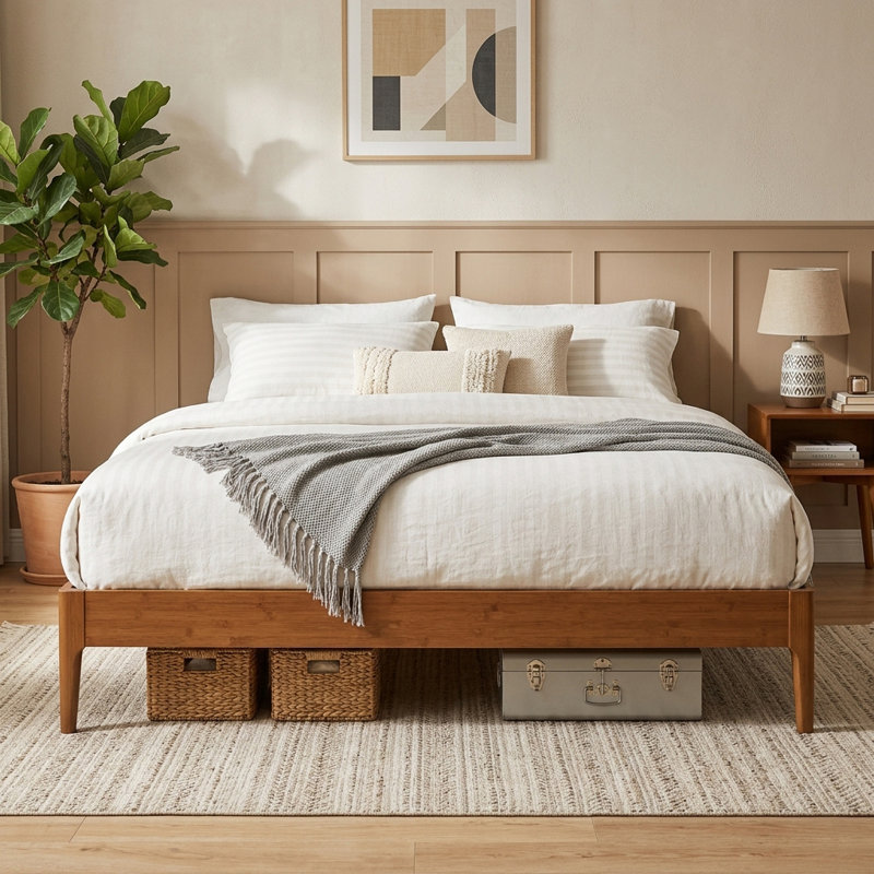 Structure de lit très grande plateforme en bambou naturel de 15 pouces de hauteur, sans sommier tapissier, sans bruit avec rangement sous le lit