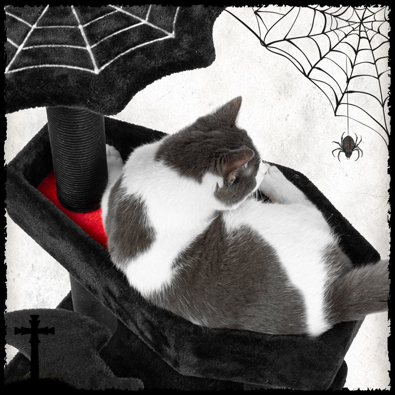 Gothic Black and Red Coffin Cat Tree with Scratching Post