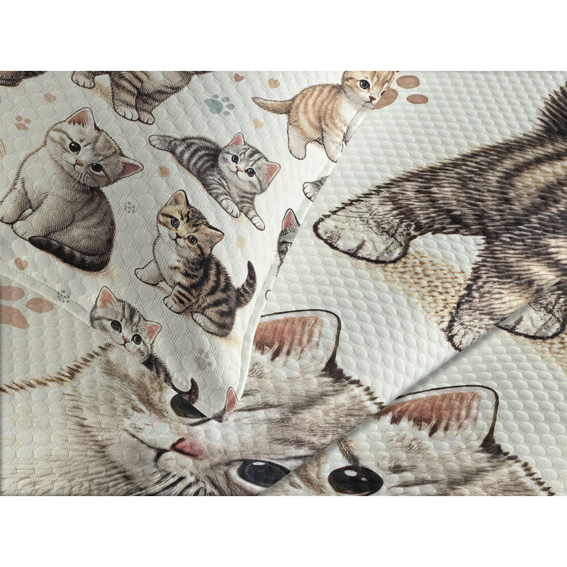 King Size Gray Cat Print Polyester Bedspread Set